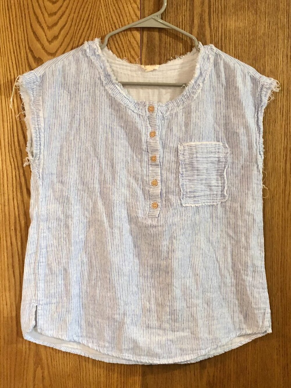 Hem & Thread Gauze Top Small Blue Stripe Sleeveless Henley Tank Coastal Grandma